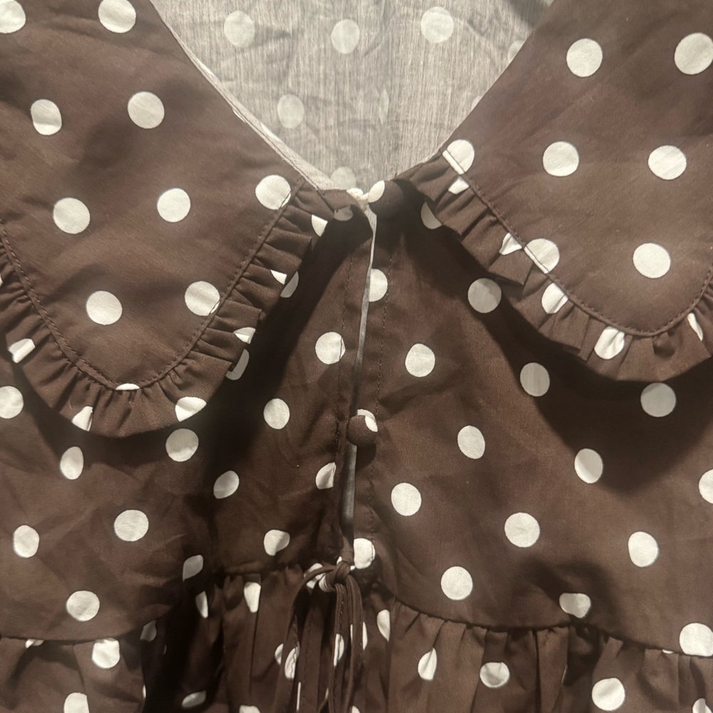 Lotus & Lavender Brown Polka Dot Ruffle Blouse - Picture 3 of 7